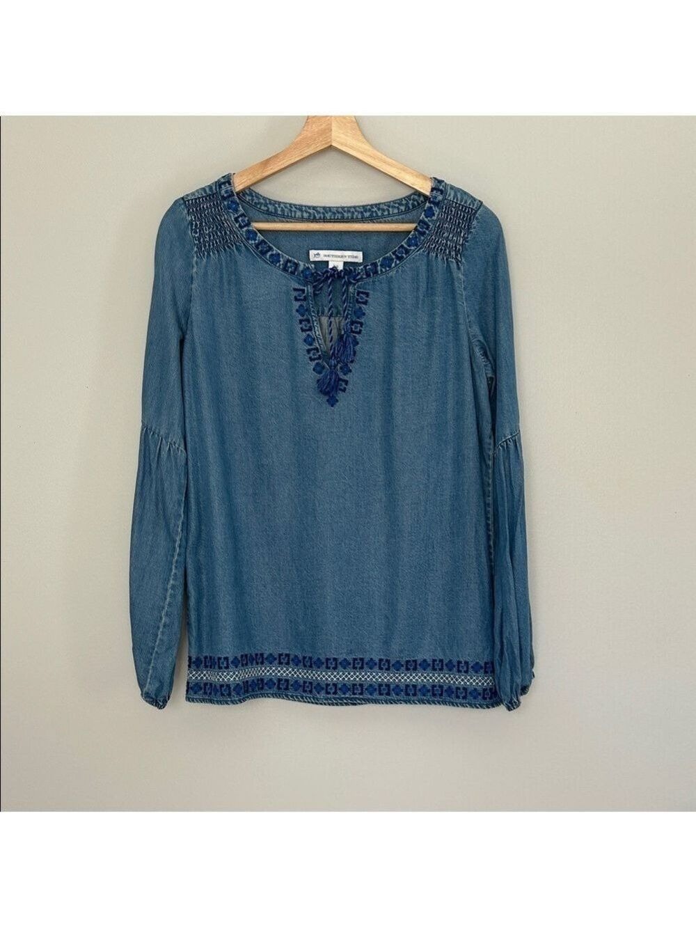 Southern Tide Denim Blue Blouse with Embroidery/Tassel Tie